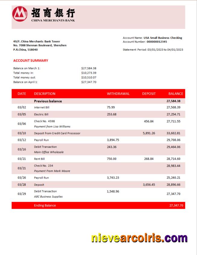 China Merchants bank firm account statement